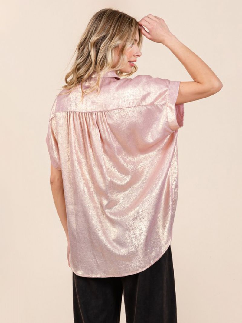 Blus För Kvinnor Vit Överdimensionerad Plisserad Turndown-krage Casual Kortärmad Polyester Toppar - Rosa