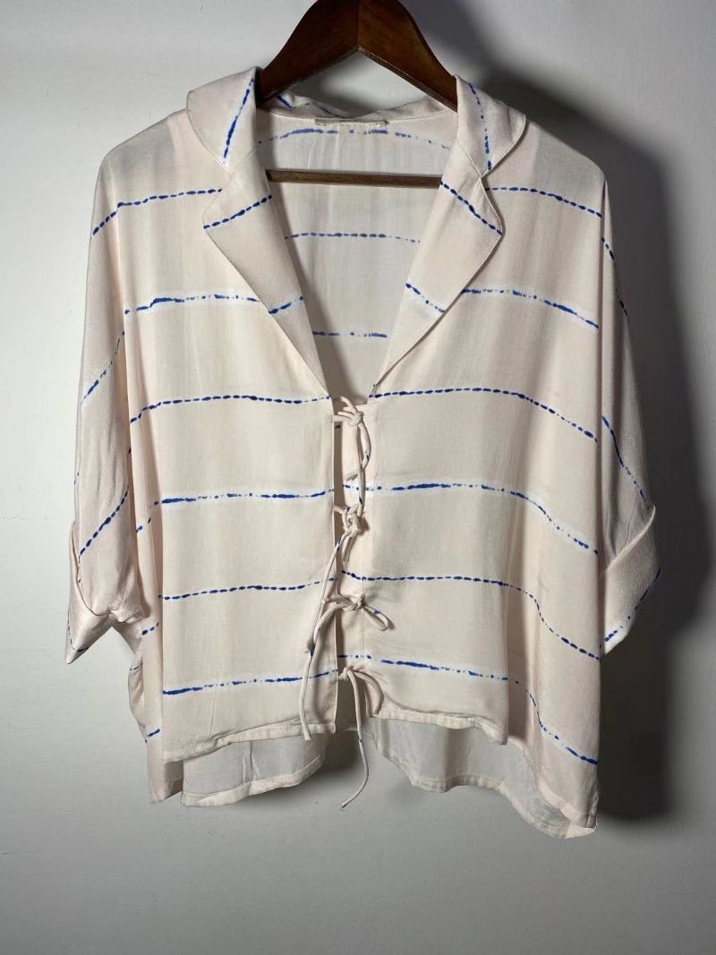 Dam Ecru Vit Skjorta Med Dyk Halsringning Kortärmad Casual Resort Summer Top - Beige