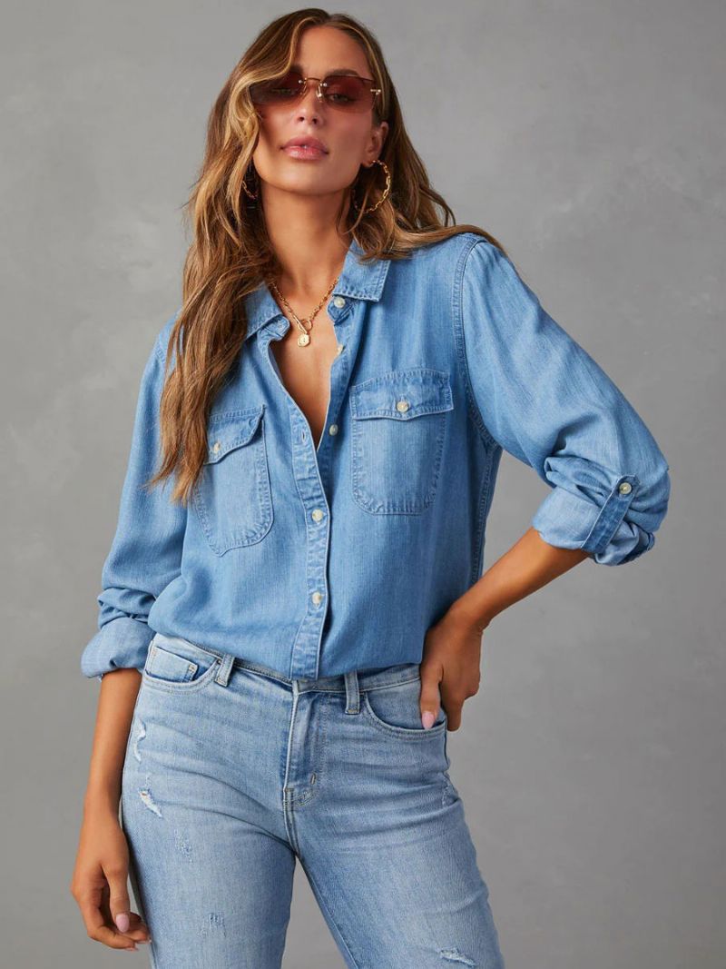 Denim Blus För Kvinnor Turndown Krage Flap Fickor Daily Tops