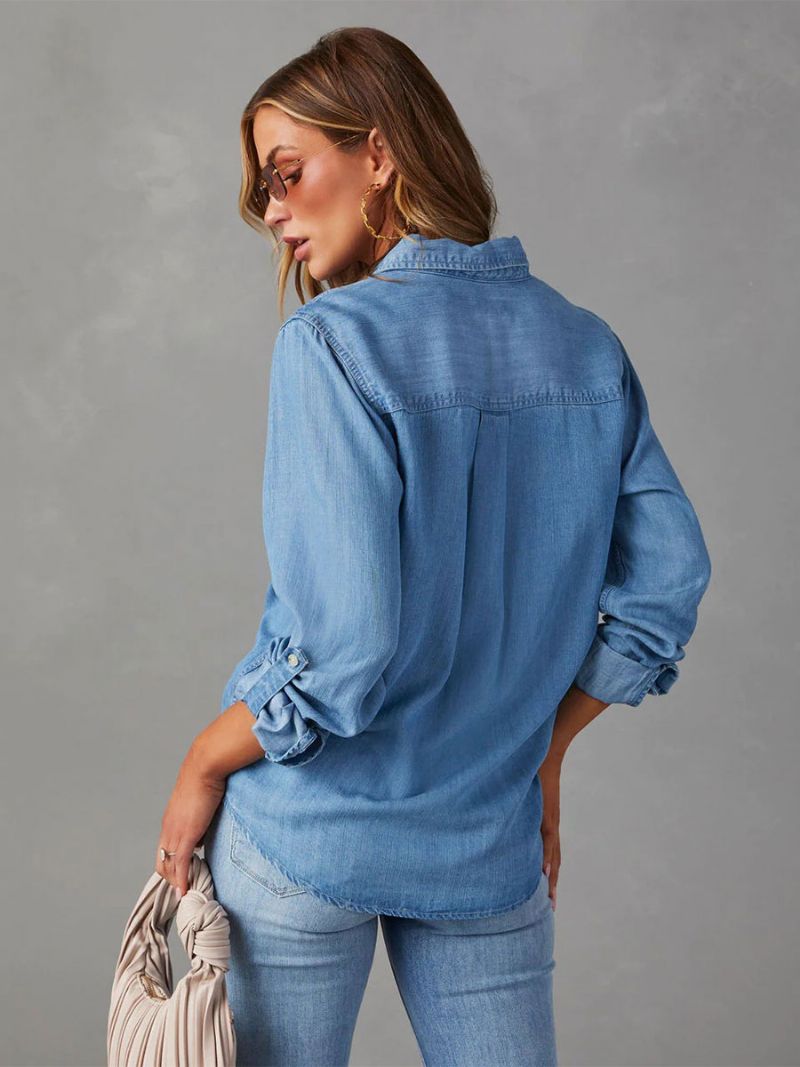 Denim Blus För Kvinnor Turndown Krage Flap Fickor Daily Tops - Blå