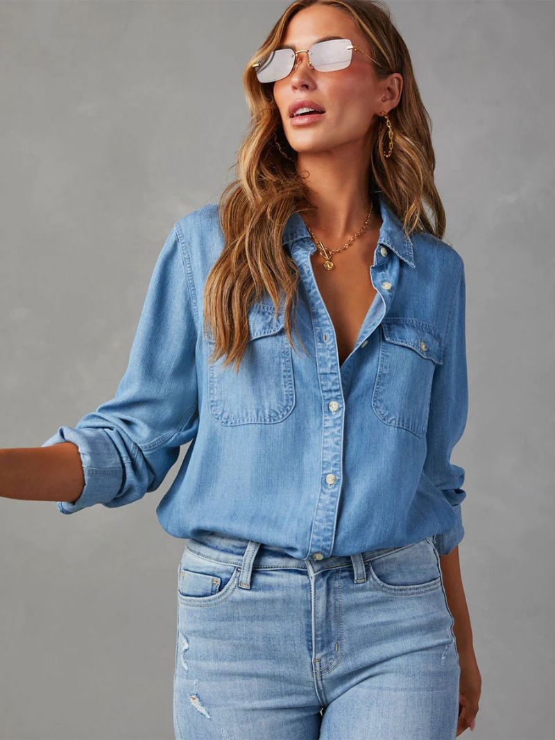 Denim Blus För Kvinnor Turndown Krage Flap Fickor Daily Tops - Blå