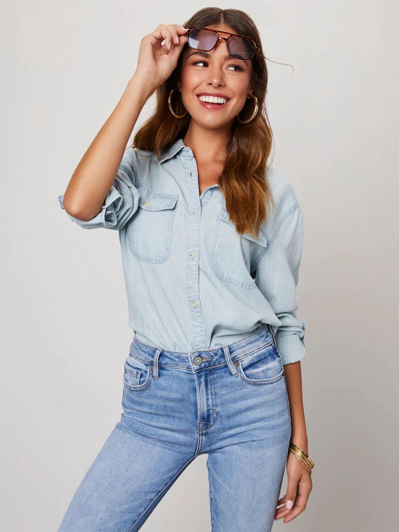 Denim Blus För Kvinnor Turndown Krage Flap Fickor Daily Tops - Ljus Himmelsblå