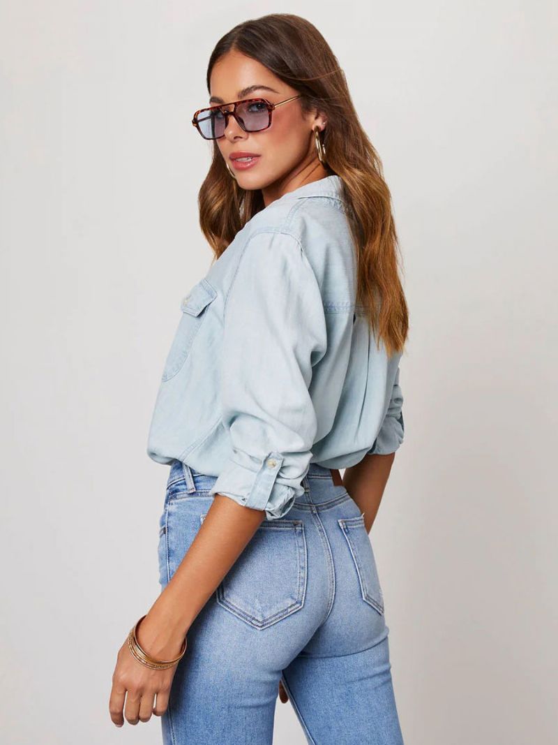 Denim Blus För Kvinnor Turndown Krage Flap Fickor Daily Tops - Ljus Himmelsblå