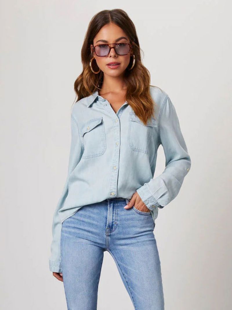 Denim Blus För Kvinnor Turndown Krage Flap Fickor Daily Tops - Ljus Himmelsblå