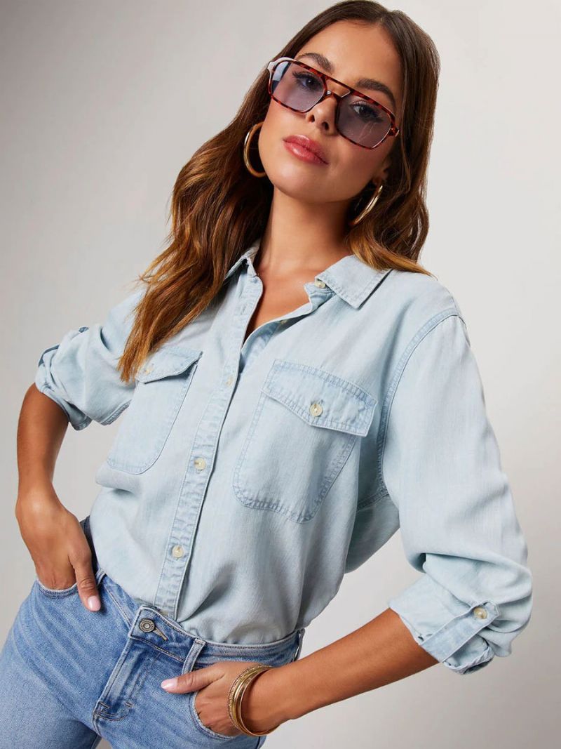 Denim Blus För Kvinnor Turndown Krage Flap Fickor Daily Tops - Ljus Himmelsblå