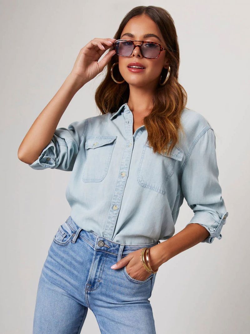 Denim Blus För Kvinnor Turndown Krage Flap Fickor Daily Tops - Ljus Himmelsblå