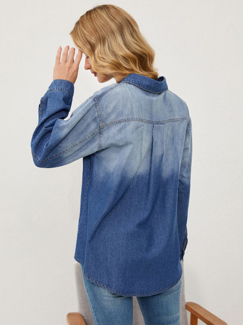 Gradient Denim Blus Långärmad Knappar Busniess Casual Damtopp - Blå