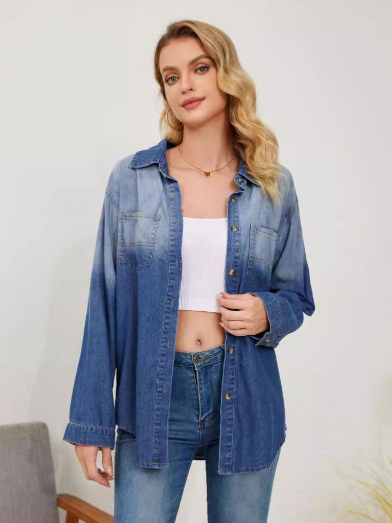 Gradient Denim Blus Långärmad Knappar Busniess Casual Damtopp - Blå