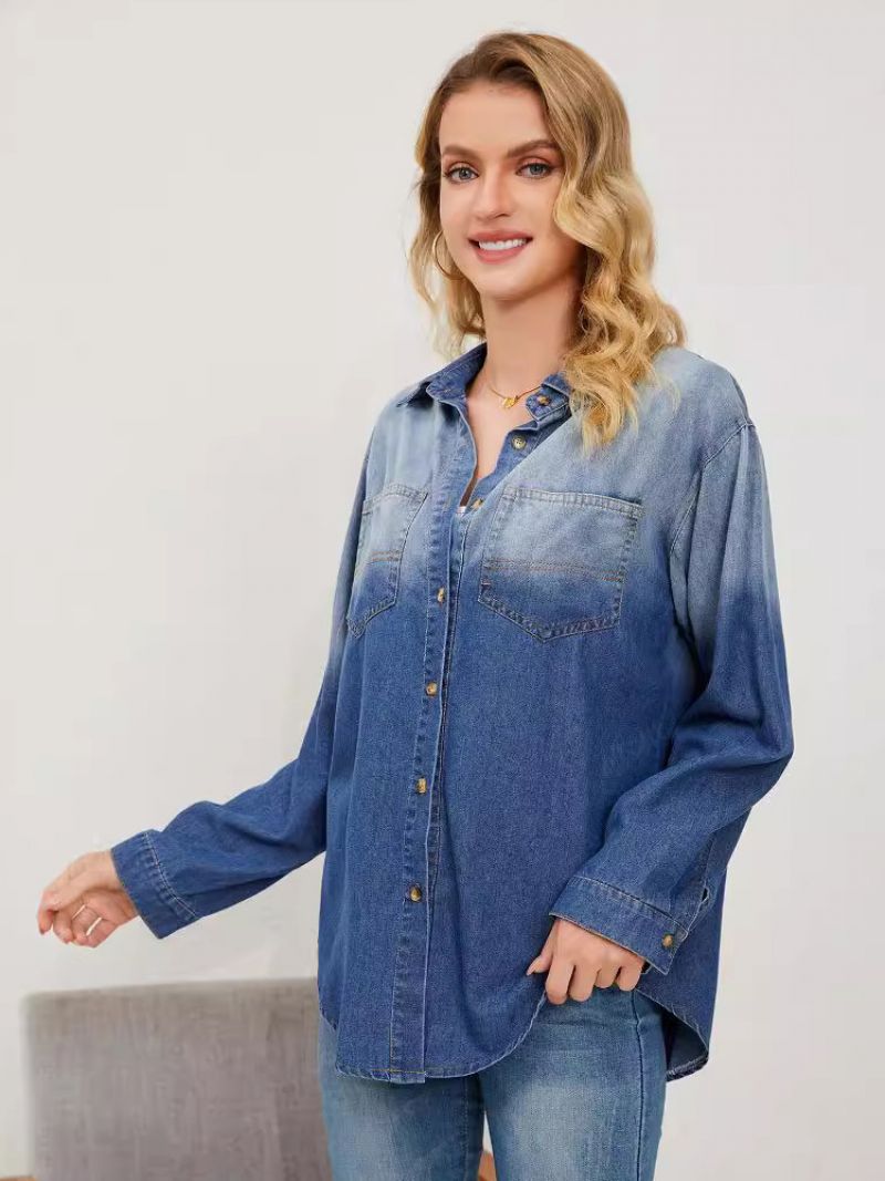 Gradient Denim Blus Långärmad Knappar Busniess Casual Damtopp - Blå