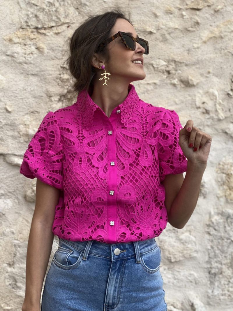 Puffärmar Blus Knäppning Elegant Daglig Casual Damtopp - Rose