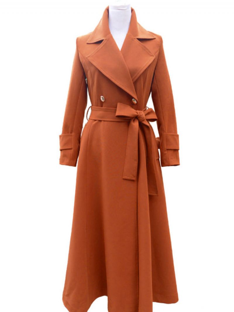 Kvinnor Ytterkläder Orange Röd V-hals Långärmad Sash Stretch Casual Maxi Coat - Orange Röd