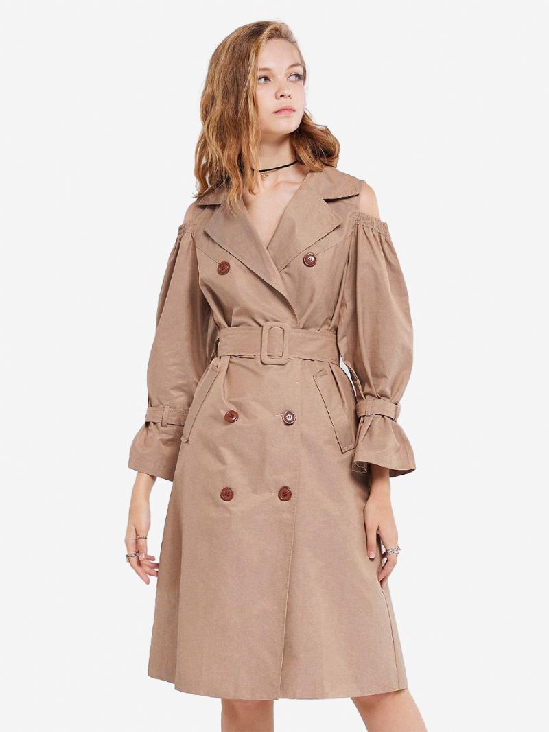 Kvinnors Khaki Trench Coat Skårad Lapel Bältade Fickor Överrock