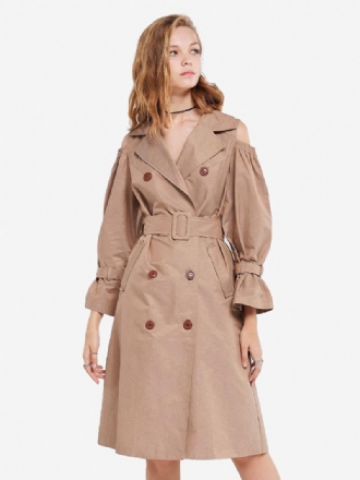 Kvinnors Khaki Trench Coat Skårad Lapel Bältade Fickor Överrock