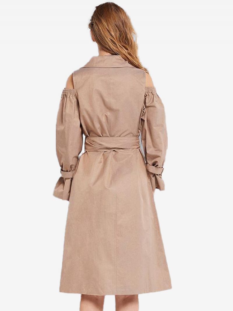 Kvinnors Khaki Trench Coat Skårad Lapel Bältade Fickor Överrock - Kaki