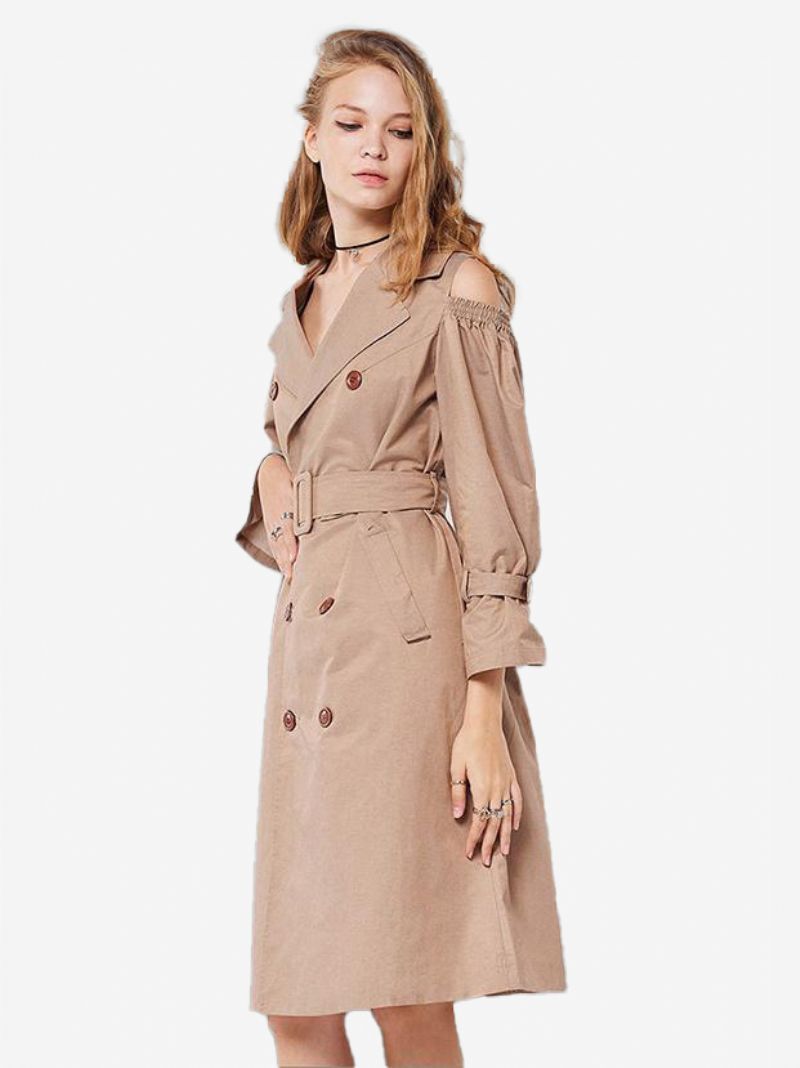 Kvinnors Khaki Trench Coat Skårad Lapel Bältade Fickor Överrock - Kaki