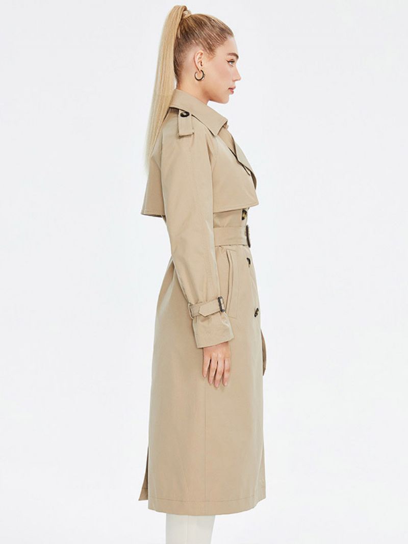 Kvinnors Trenchcoat Turndown-krage Dubbelknäppt Ytterplagg Med Bälte - Khaki