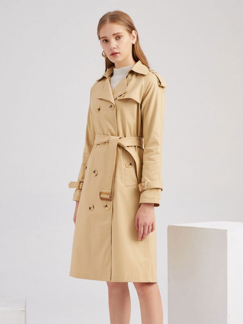 Lång Trenchcoat Khaki Turndown-krage Långärmad Lapel Klassisk Dubbelknäppt Vår Höst Street Ytterkläder För Kvinnor