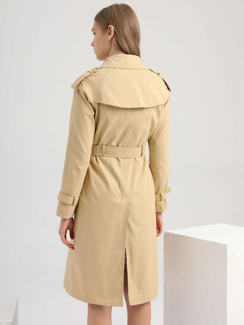 Lång Trenchcoat Khaki Turndown-krage Långärmad Lapel Klassisk Dubbelknäppt Vår Höst Street Ytterkläder För Kvinnor - Kaki