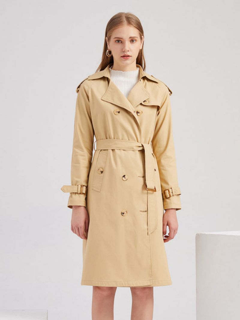 Lång Trenchcoat Khaki Turndown-krage Långärmad Lapel Klassisk Dubbelknäppt Vår Höst Street Ytterkläder För Kvinnor - Kaki