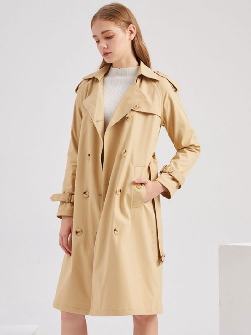 Lång Trenchcoat Khaki Turndown-krage Långärmad Lapel Klassisk Dubbelknäppt Vår Höst Street Ytterkläder För Kvinnor - Kaki