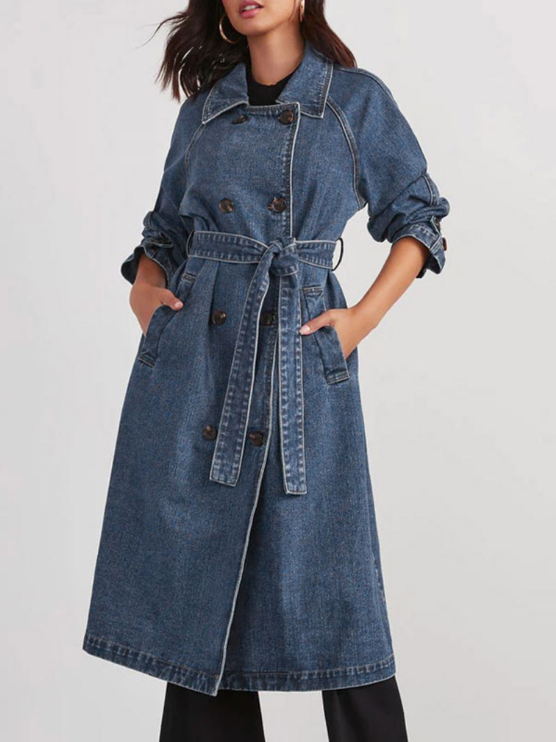 Longline Denim Coat Double Breast Belted Dam Ytterkläder - Blå