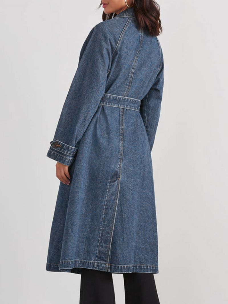 Longline Denim Coat Double Breast Belted Dam Ytterkläder - Blå