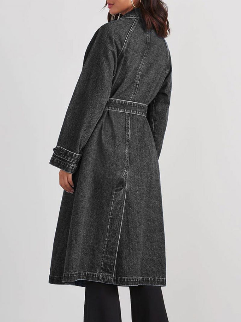 Longline Denim Coat Double Breast Belted Dam Ytterkläder - Svart