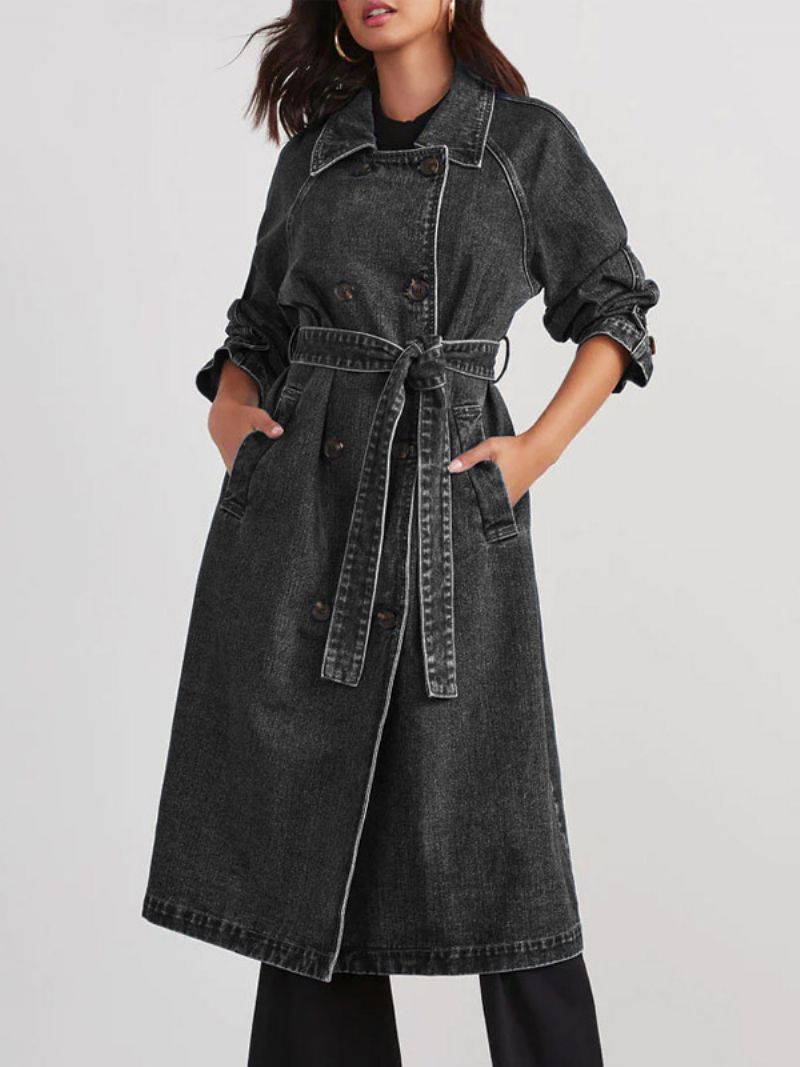 Longline Denim Coat Double Breast Belted Dam Ytterkläder - Svart