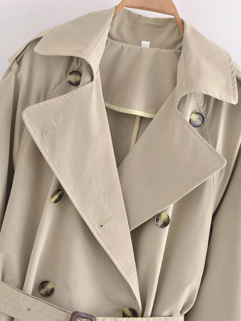 Trenchcoat För Kvinnor Khaki Turndown-krage Långärmad Ytterkläder - Kaki