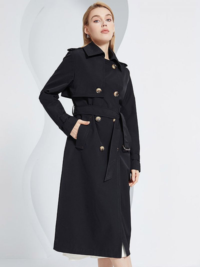 Trenchcoat För Kvinnor Lapel Double Breasted Chic Höst Vår Ytterkläder - Svart