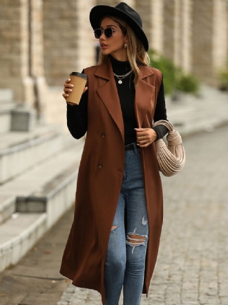 Trenchcoat Kaffe Brun Ärmlös Lång Väst Dubbelknäppt Bälte Slim Fit Casual Vår Höst Street Ytterkläder För Kvinnor