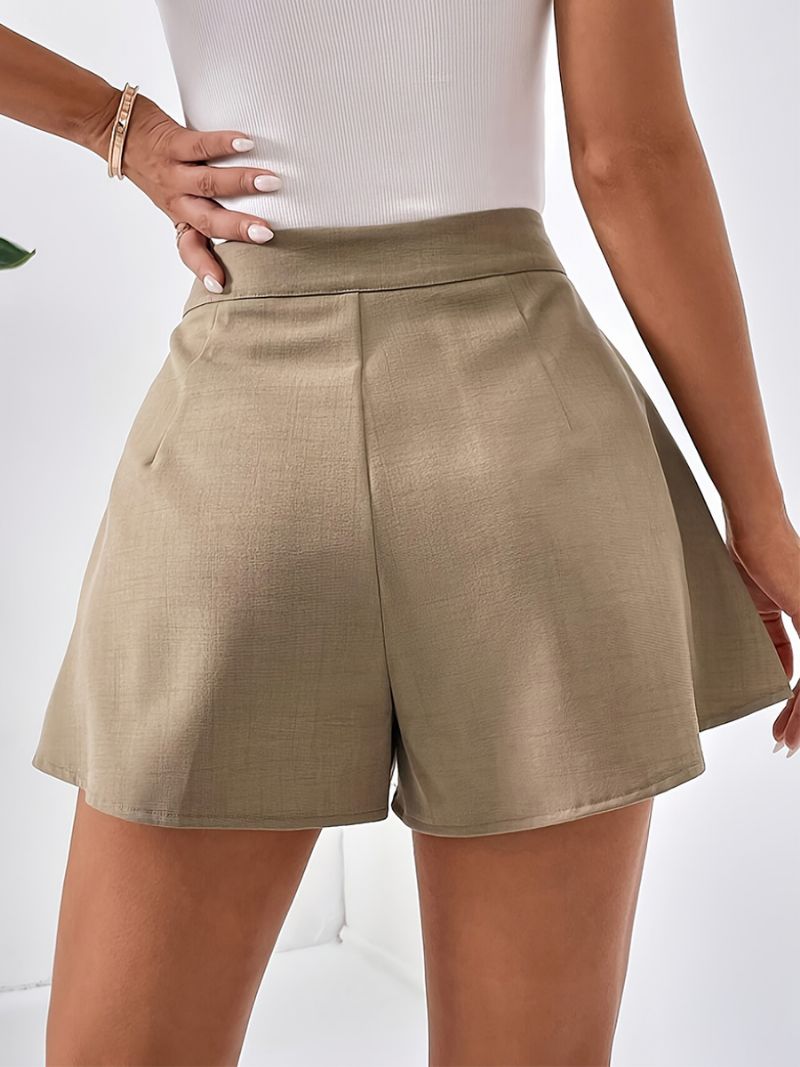 Damshorts I Enfärgade Plisserade Hög Midja Knapp Casual Sommarshorts - Kaki