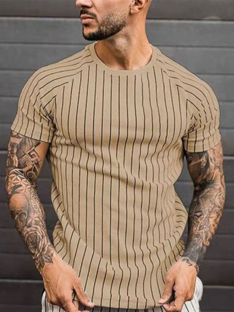 Herr T-shirts Casual Jewel Neck Stripes Korta Ärmar - Khaki