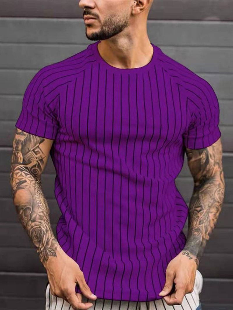 Herr T-shirts Casual Jewel Neck Stripes Korta Ärmar - Royal Purple