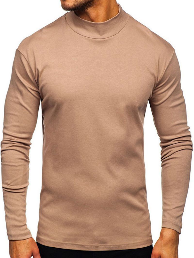 T-shirts För Män Casual Hög Krage Överdimensionerade Långa Ärmar - Khaki