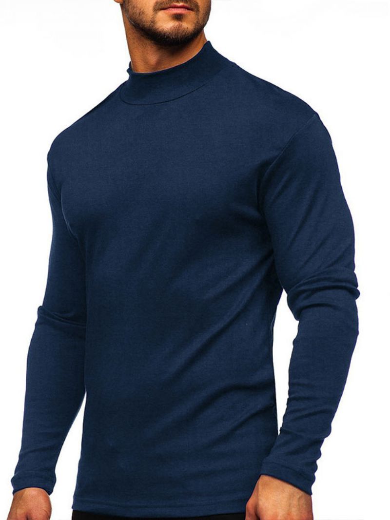 T-shirts För Män Casual Hög Krage Överdimensionerade Långa Ärmar - Dark Navy