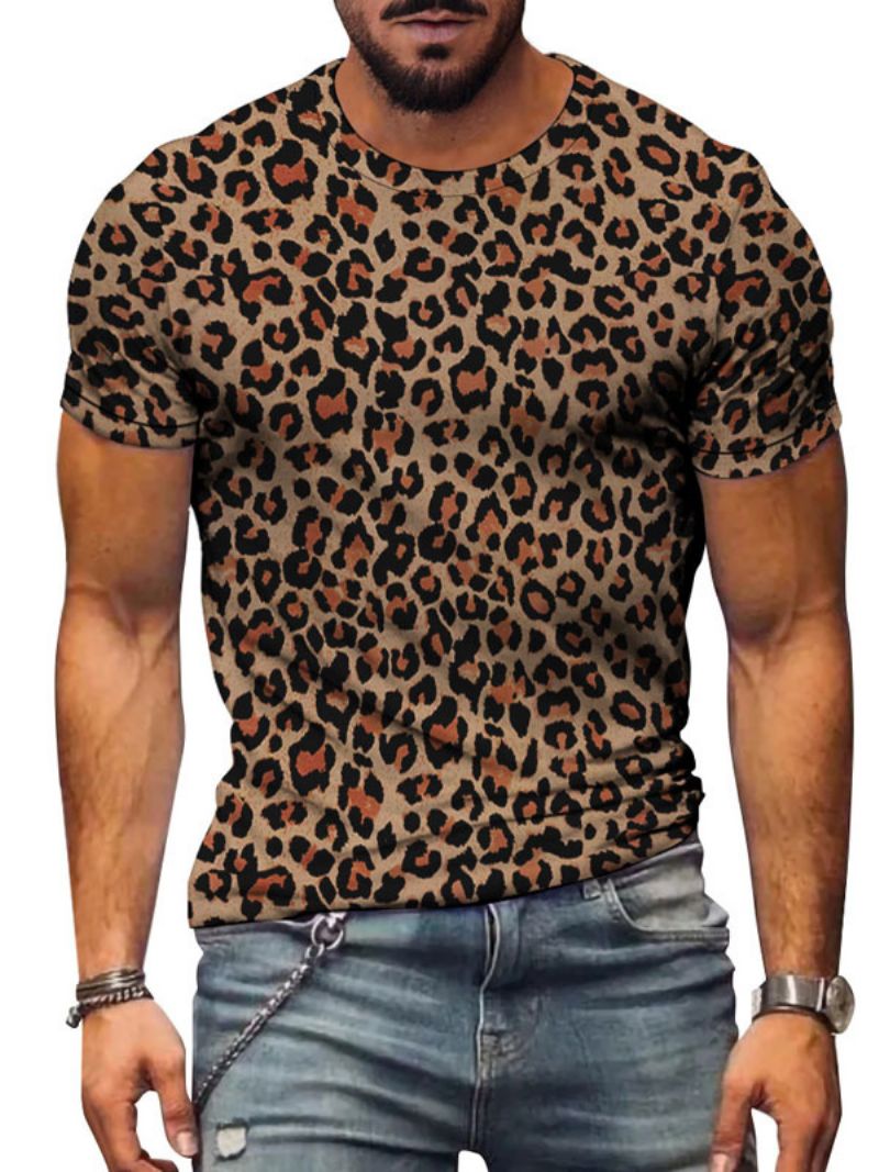 T-shirts För Män Casual Jewel Neck Leopard Print Korta Ärmar - Kaffe Brun