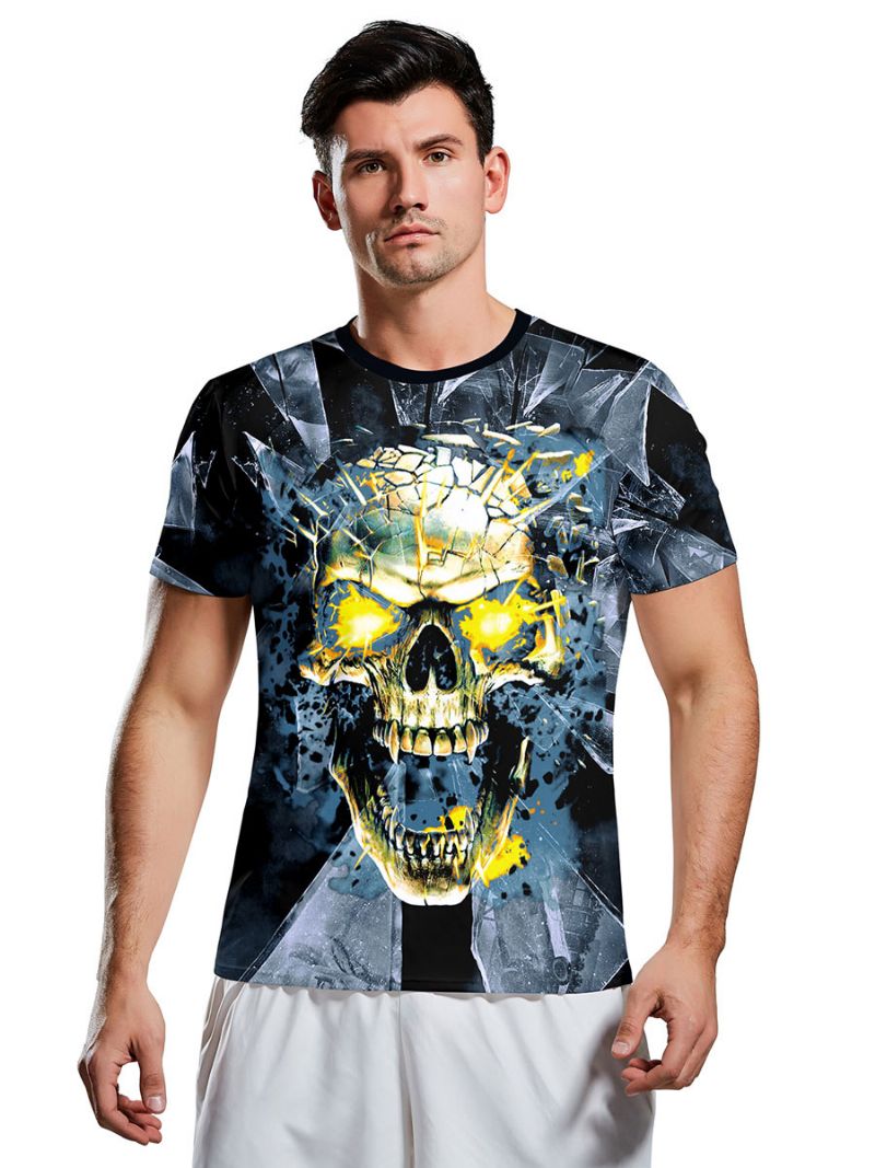 T-shirts För Män Skrämmande Halloween Ormmönster Jewel Neck Skelett Kortärmad Blus - Djupblå