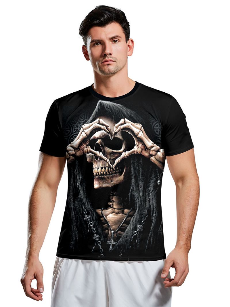 T-shirts För Män Skrämmande Halloween Ormmönster Jewel Neck Skelett Kortärmad Blus - Svart