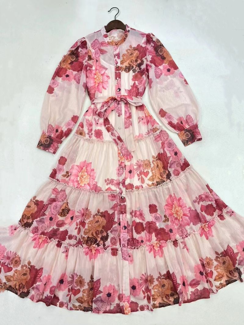 Blommig Klänning För Kvinnor Maxiklänningar Med Blommönster Långärmad Jewel Neck Chic Sash Dragkedja Lång Sommar - Rosa