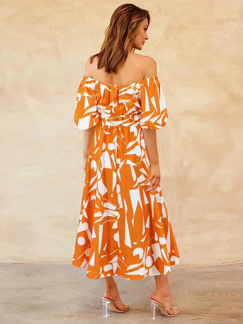 Blommig Klänning För Kvinnor Off The Shoulder Puffärmar Casual Sommar Midiklänningar - Orange