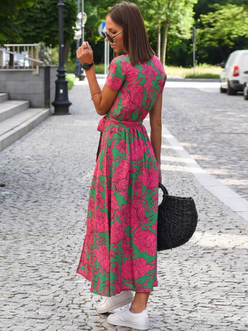 Blommiga Maxiklänningar För Kvinnor Tryckta Spets Med V-ringad Kort Ärm Front Slits Casual Sommar Lång - Rosa