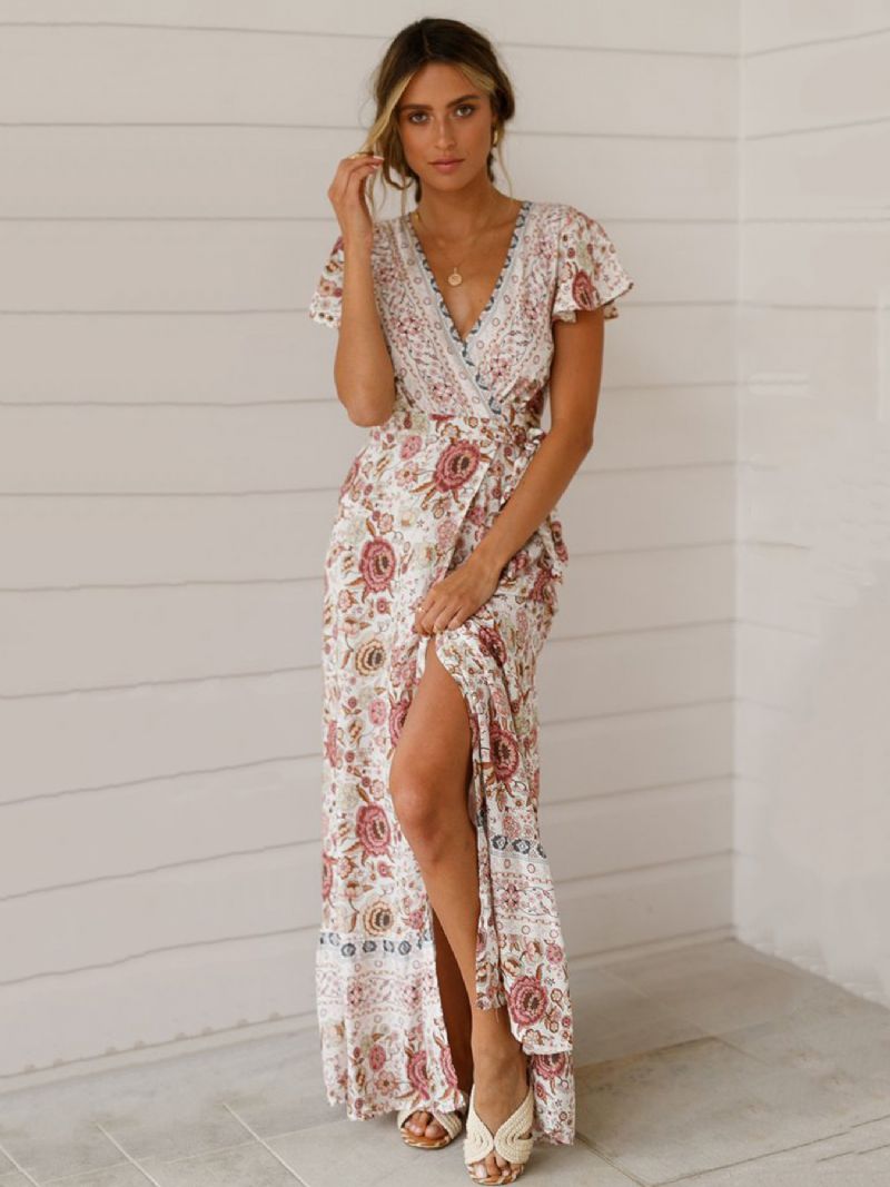 Bohemiska Klänningar Kvinnor Sommar Klänning V-ringad Kort Ärm Blommönster Split Beach Dress - Vit