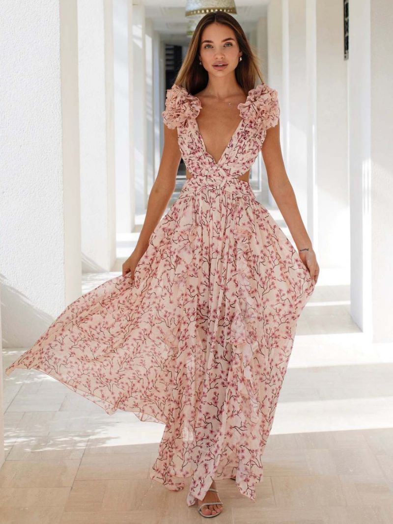 Flowy Flower Dress För Kvinnor Med Hög Slits Rygglösa Maxi Boho-klänningar - Rosa