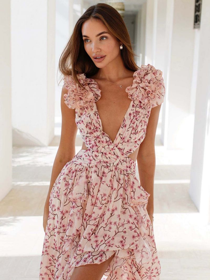 Flowy Flower Dress För Kvinnor Med Hög Slits Rygglösa Maxi Boho-klänningar - Rosa