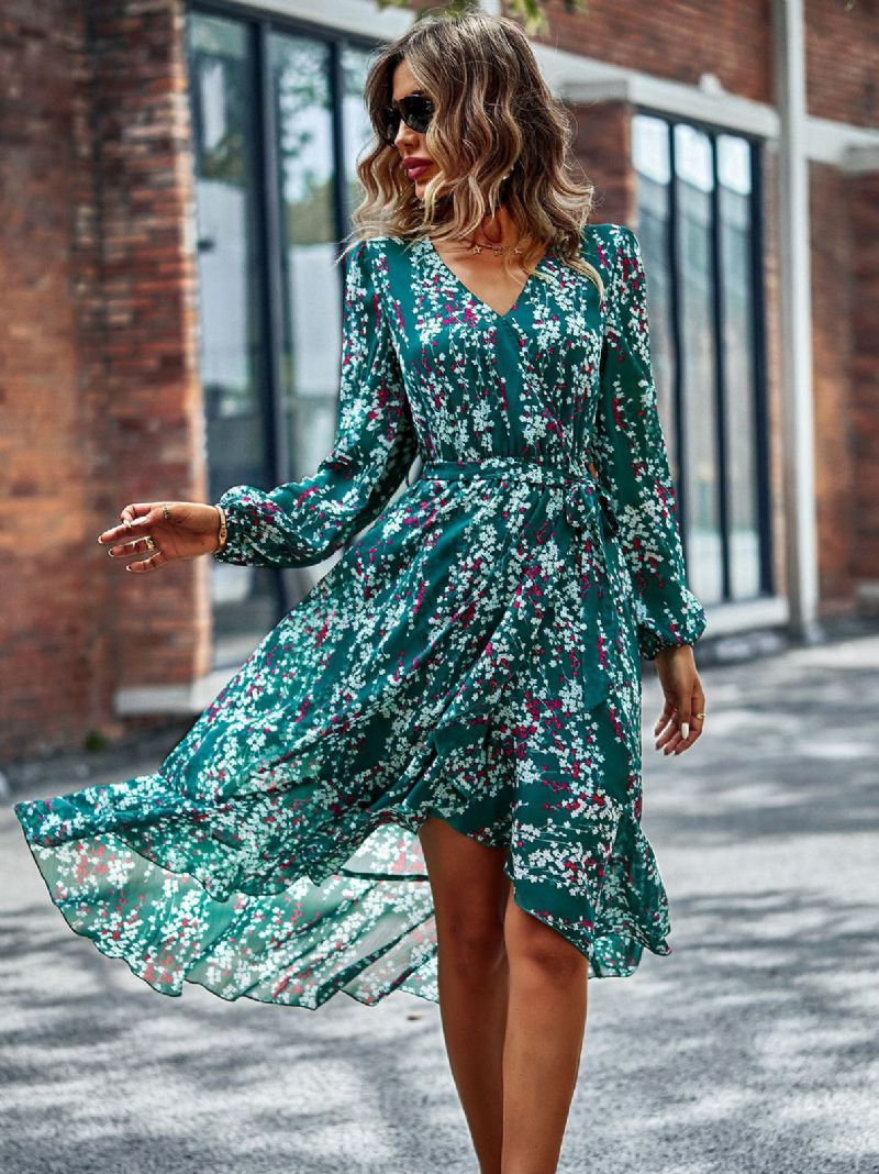 Kvinnors Boho Klänning V-ringad Långärmad Blommig Print Lace Up Beach Dress