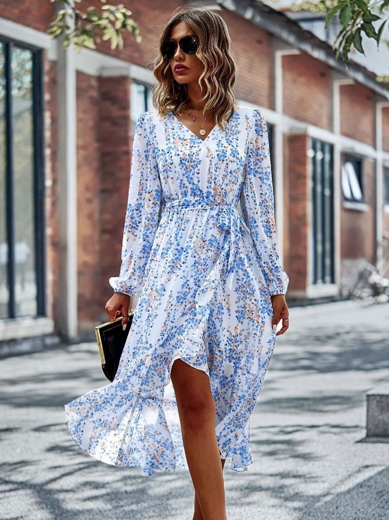 Kvinnors Boho Klänning V-ringad Långärmad Blommig Print Lace Up Beach Dress - Vit