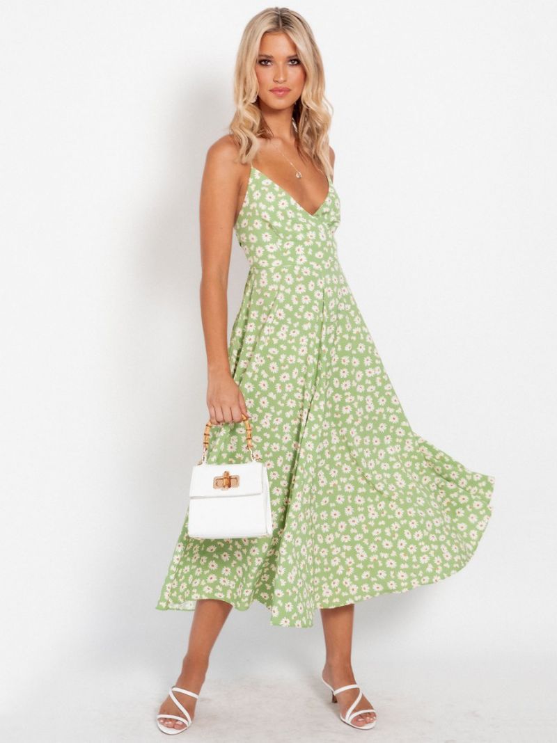 Kvinnors Solrossommarklänningar Ditsy Blommönster Beach Swing Dress - Gräsgrön