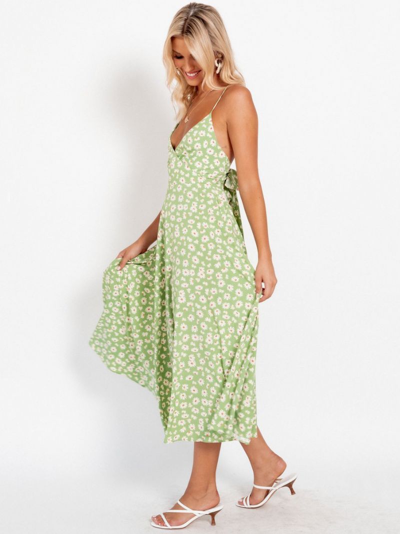 Kvinnors Solrossommarklänningar Ditsy Blommönster Beach Swing Dress - Gräsgrön