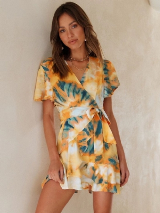 Kvinnors Tie Dye Wrap Dress V-neck Bältade Korta Ärmar Casual Sommar Klänningar